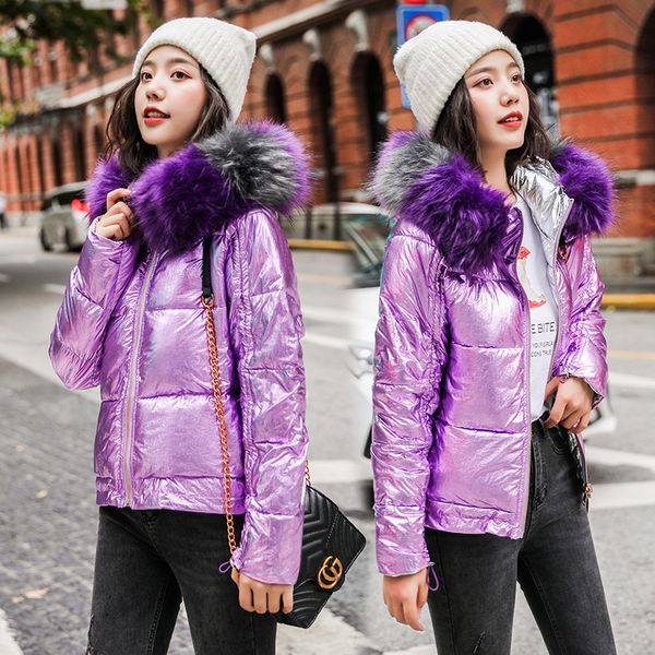 

2019 off season bright surface down jacket women's short korean-style double-sided wear down coat fashion genuine fur collar coa, Blue;black