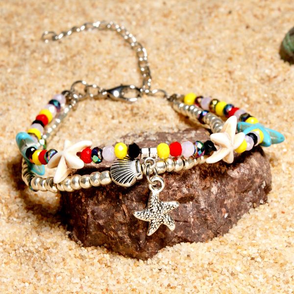 

stride into summer crystal anklet double layer starfish beach turtle pendant women's retro bracelets, Red;blue