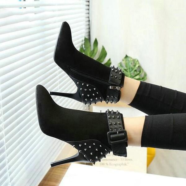 

Autumn Winter Women Boots zip High Heels Boots Fashion Sexy Pointed Toe Ankle Boots High Heels Botas Mujer Rivet, Black