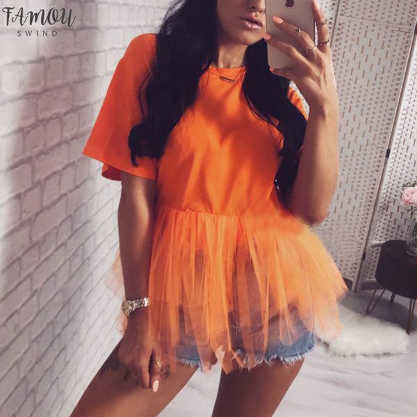 

women summer tulle ruffle short sleeve cap sleeve tshirt ladies o neck t shirts mesh pachwork loose casual tees, White
