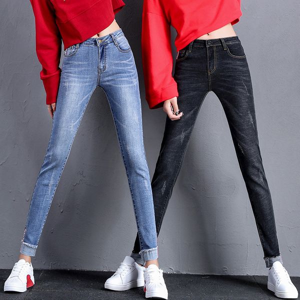 

autumn new pattern elastic force jeans woman high waist thin pencil pants, Blue