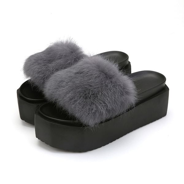 

muffin thick bottom platform sandals women fur flip flops ladies fur beach slides anti-skid wedges shoes woman slip on, Black