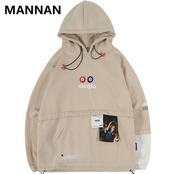 

mannan patchwork front pockets hoodies mens autumn harajuku streetwear hip hop casual pullover fashion hooded sweatshirts 2019, Black