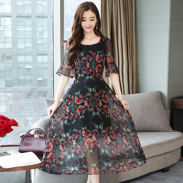 

2019 summer korean version chiffon butterfly printed slim female dress new fashion temperament office lady dresses vestidos, Black;gray
