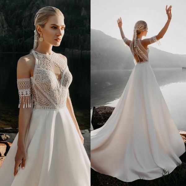 

2020 satin boho wedding dresses lace keyhole neckline buttons back bohemian beach wedding gowns vestido de novia, White