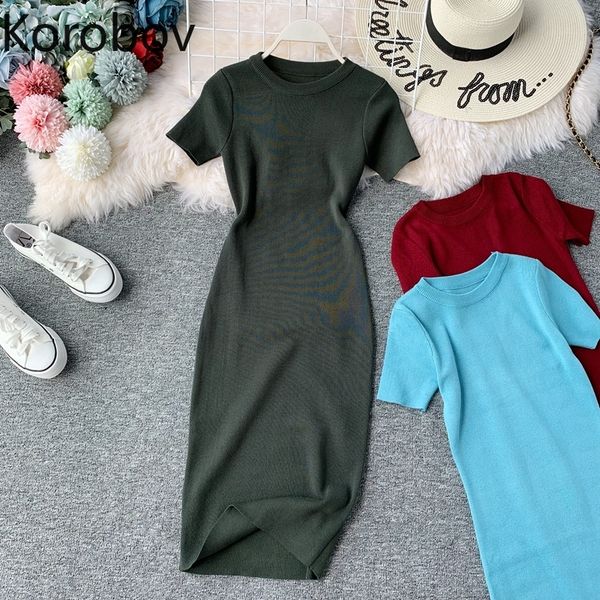 

korobov 2019 new short sleeve solid vintage women dress korean knit stretch waist elegant dresses o neck bodycon vestidos 78956, Black;gray
