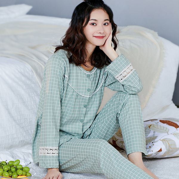 

women pure cotton pajamas set plaid long sleeve button spring autumn ladies 100% cotton pyjamas set nightwear homewear, Black;red
