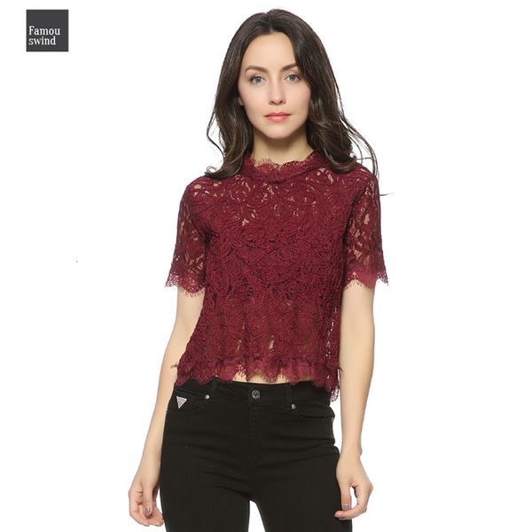 

lace blouses women crop short sleeve casual o neck back zipper ladies fashion candy colors shirts blusas, White