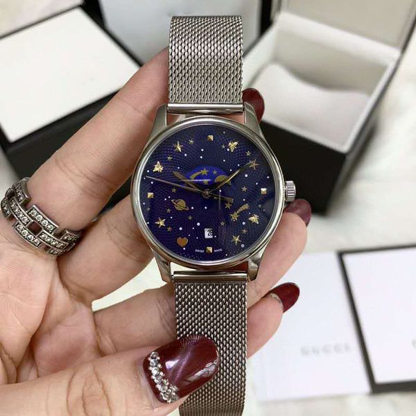 

Новая мода Мужские часы Женская 36мм G-вневременной Часы кварцевые Moonphase из нержавеющей стали Кожа мужчины Наручные часы Montre люксусный