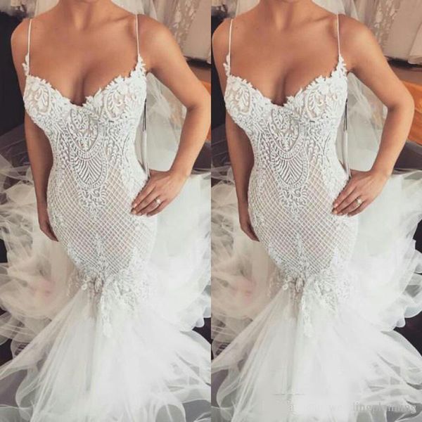 

special grid lace design mermaid wedding dresses spaghetti ruffle tulle bottom zipper back gordenb wedding gowns bridal dress, White