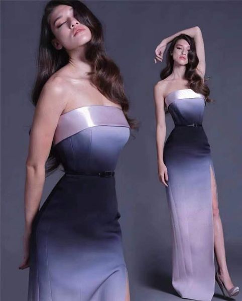 

2020 новый сексуальный градиент цвета пром платья вечерние платья пояса sash без бретелек пром платья side split сшитое, Black