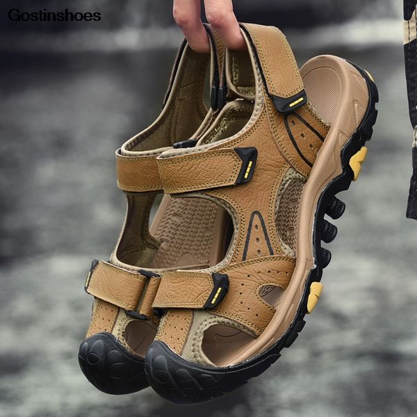 

sandalias cow leather large size closed toe fashion anticollision soft sole casual sport men sandal leather sandals men, Black