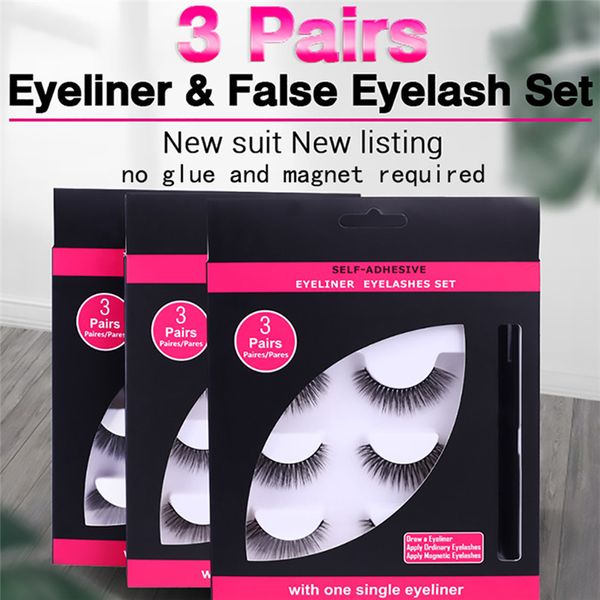 2 etapas rápidas 3 pares Magia cílios falsos auto-adesivo Lashes Delineador Mascara curvex Set Não cola Nenhum ímã cílios