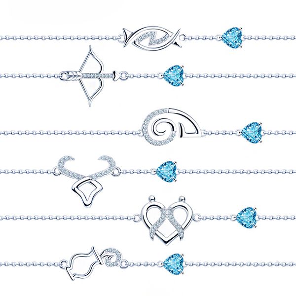 

the zodiac blue z 925 sterling silver link bracelets gemstone fine jewelry bracelet for women's gift 12 constellation sign, Black