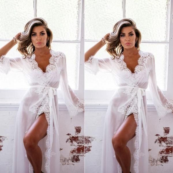 

side split women bath robes v neck poet long sleeve appliques lace bridal robe floor length bath robe, White;pink