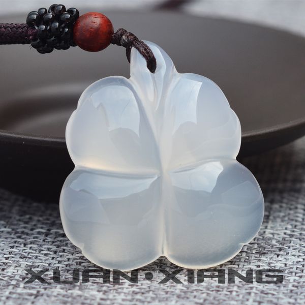

lockets women necklace pendant natural white chalcedony jades stone clover 3d carved lucky grass gift femlae jewelry, Silver