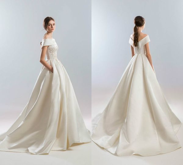 

satin simple country wedding dresses off the shoulder lace appliqued sweep train beach wedding dress lace up back gorgeous bridal gowns, White
