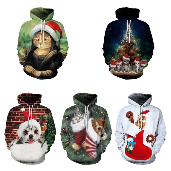 

осень зима мужские женские толстовки уличный стиль мужчины с капюшоном толстовка рождество собака и кошка печати свободные пара размер одежд, Black