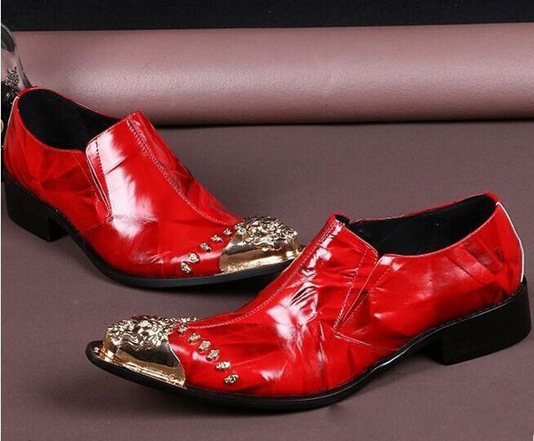 Mens Red Мокасины Gold Metal Итальянская обувь Кожаные партии Остроконечные Toe платья Обувь Шпильки Мужской вождения обувь