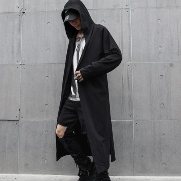 

spring autumn men's single breasted punk long trench coat vintage hooded cloak man gothic punk hip hop overcoat harajuku jacket, Tan;black