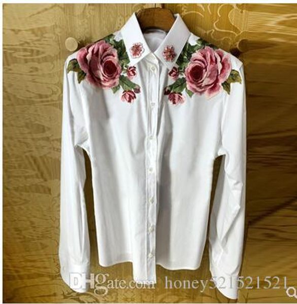 

2019 новый дизайн мода женщины цветок вышивка поворот вниз воротник бисер кристалл пэчворка с длинным рукавом белой блузки рубашка s  l xl, White