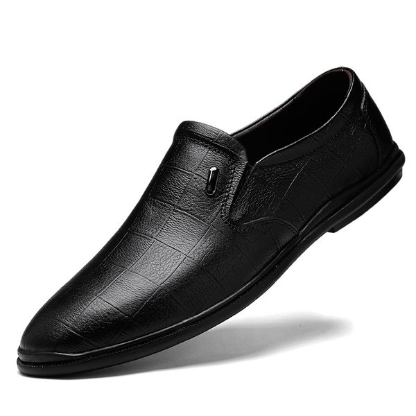 

mens pattern genuine leather business flat shoes men formal dress leather shoes men's loafers party, Black