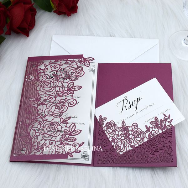 Marsala Burgundy Laser Cut Wedding Invites With Rsvp Card Diy