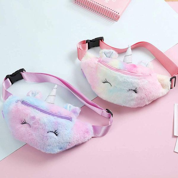 

rainbow unicorn plush waist bag cartoon fanny pack fashion travel belt bag phone pouch chest bag kids girls storage bags, light pink, violet, Red;black