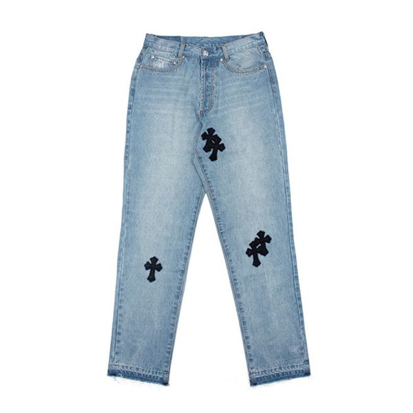 

mens designer jeans cross leather patch washed blue fashion brand denim pants pencil pants mens designer pants