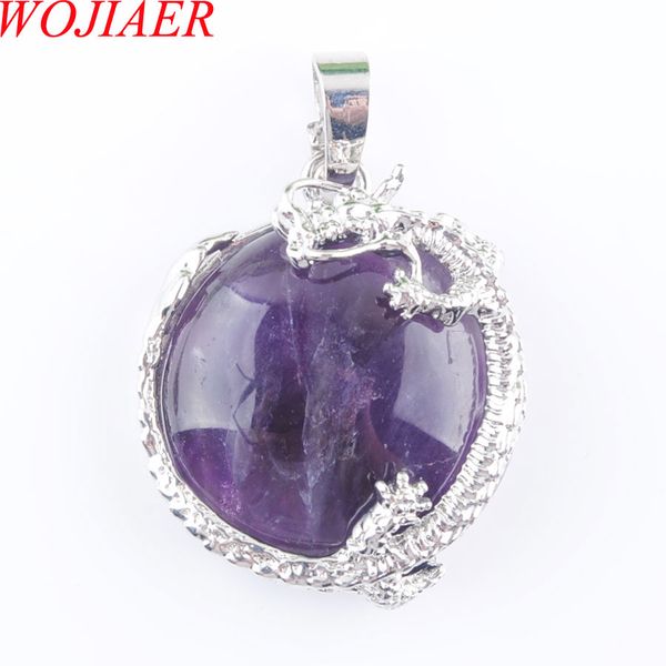 

wojiaer women trendy jewelry natural amethyst gem stones cabochon bead dragon silver pendant necklace 1pcs dn3161
