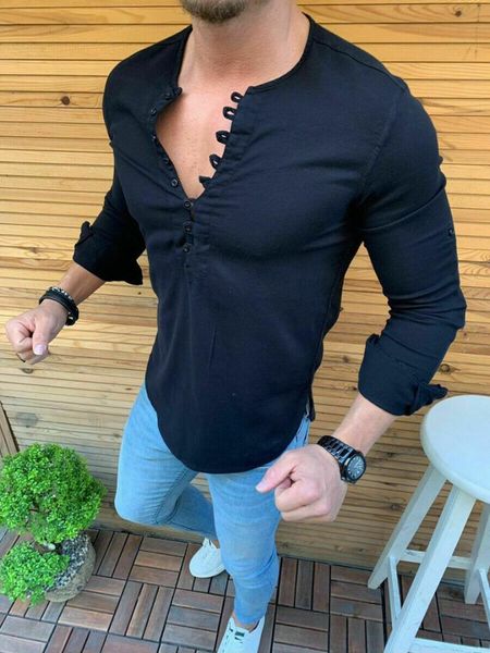 

4color стиль рубашки 2019 new brand men casual мышечные с длинным рукавом v-образным вырезом твердые рубашки платья формальные бизнес luxury, White;black