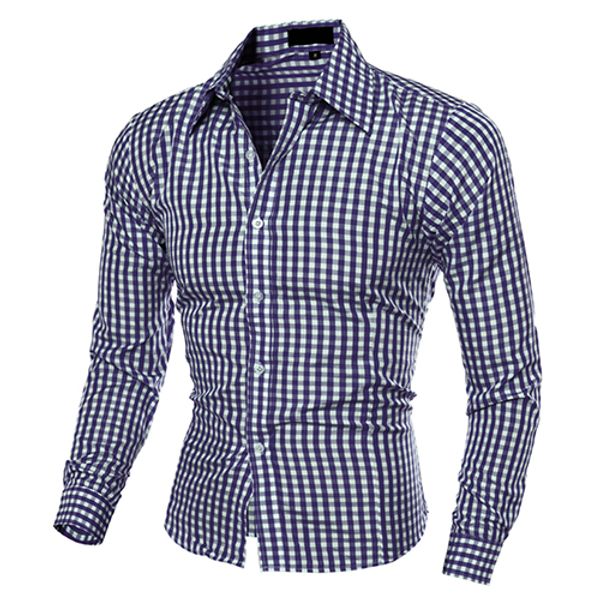 

men's fashion casual lapel button down plaid long-sleeved slim fit shirt top, White;black