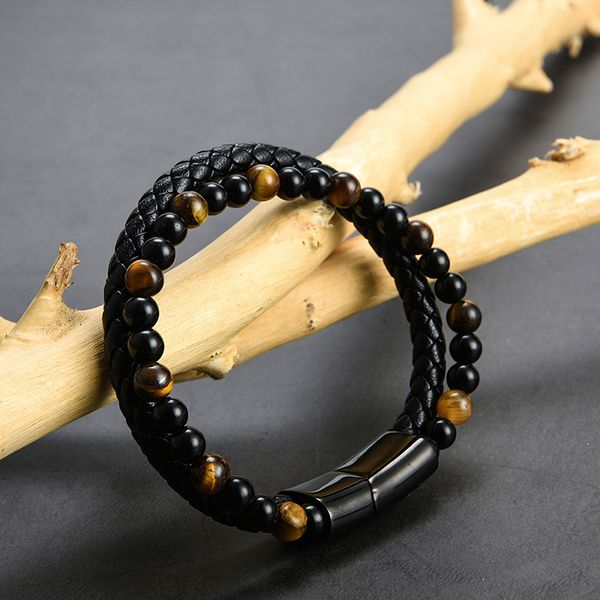 

fashion natural stone genuine leather bracelet black stainless steel magnetic clasp tiger eye bead bracelet men jewelry, Golden;silver