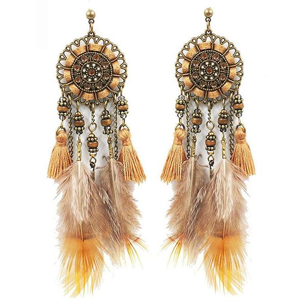 

vintage ethnic jewelry dreamcatcher round with natural feathers long tassel earrings, Silver