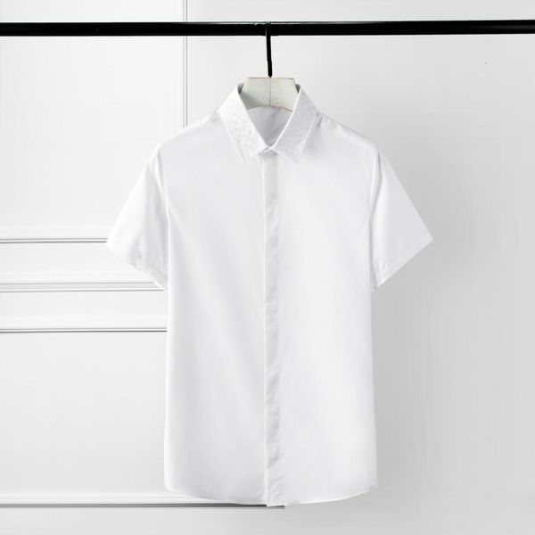 

mens shirts embroidery collar short sleeve mens dress shirts plus size 4xl solid color slim man, White;black