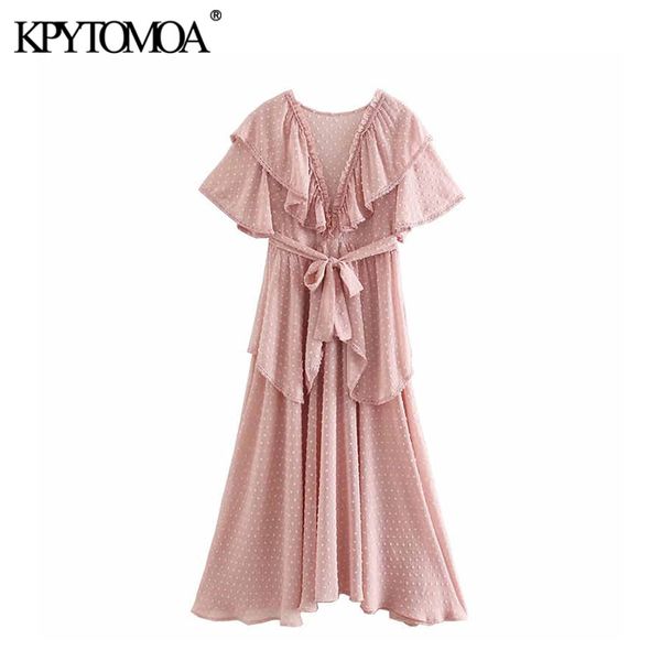 

vintage sweet dot chiffon bow tie sashes ruffles midi dress women 2020 fashion o neck short sleeve beach dresses vestidos mujer, Black;gray