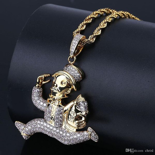 

hip hop iced out cartoon running clown pendant necklace micro paved zircon star gold chain men jewelry, Silver
