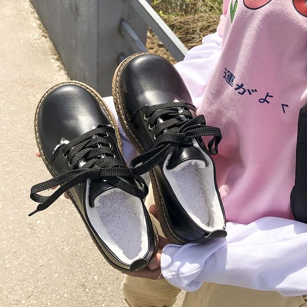 

women's japanese simple small shoes 2020 new british wind plus velvet warm soft bottom casual shoes, Black