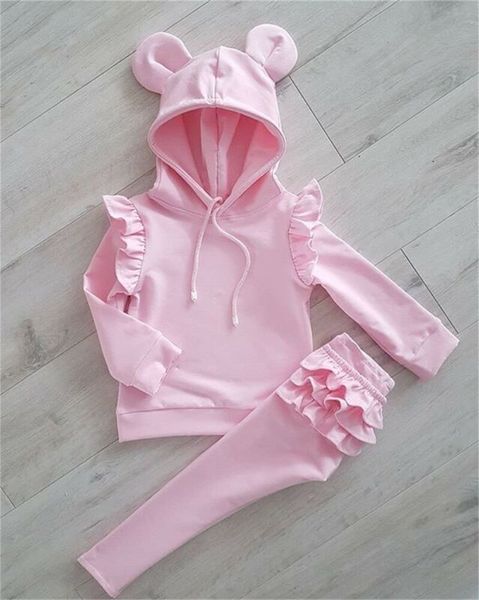 

uk infant girl baby newborn pink hooded shirt pants 2pcs outfit clothes set, Pink;blue