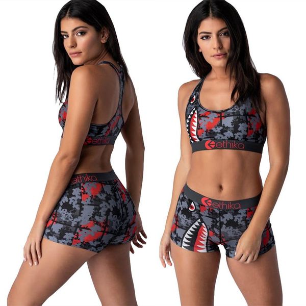 

ethika women designer swimsuit crop vest + swim shorts trunks boxers 2 piece set tracksuit patchwork shark camo swimwear bikini somg, Gray
