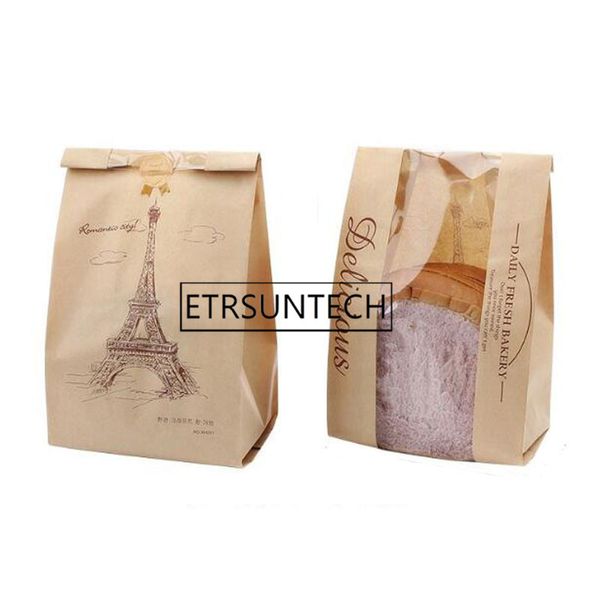 

1000pcs 33x16x11cm kraft bag window baking packaging toast cookies bread paper bags printed package bakery iron tower