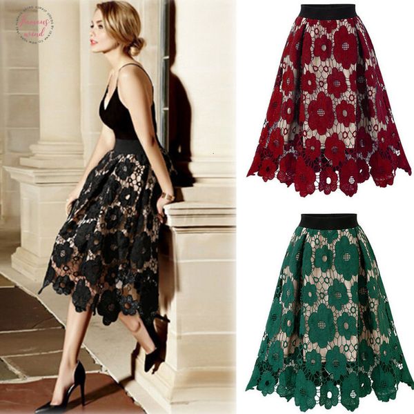 

womens long skirts plus size elegant crotch lace knee length ladies soft stretch flared printed skater skirts jul05, Black