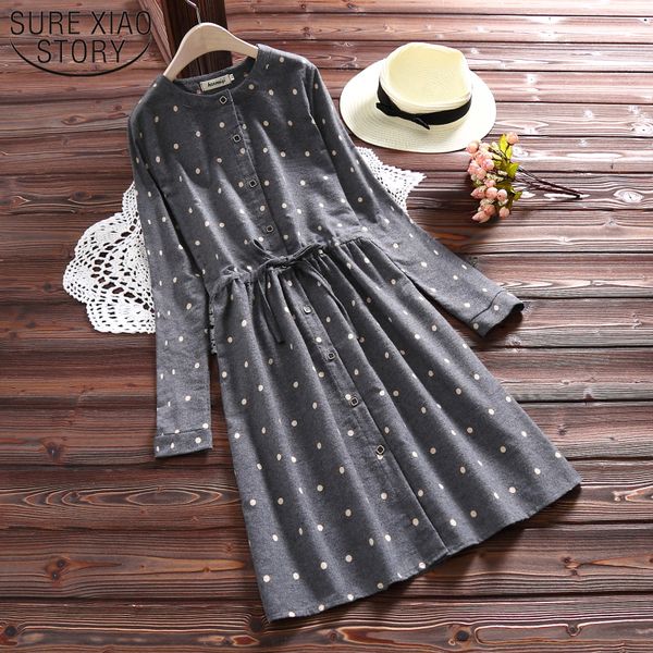 

gray navy blue casual loose dresses 2019 spring autumn mori girl women dress dot printed full sleeve female vestidos 3706 50, Black;gray