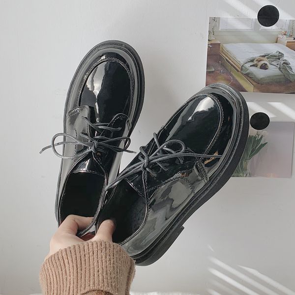 

round toe korean shoes oxfords women's casual female sneakers autumn flats all-match 2019 leather cross fall winter new dress, Black
