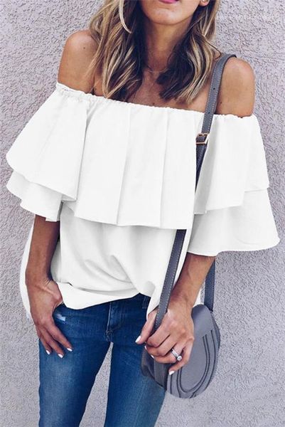 

shoulder fashion ruffled sleeve loose famale solid color shirt womens summer casual chiffon shirt single, White