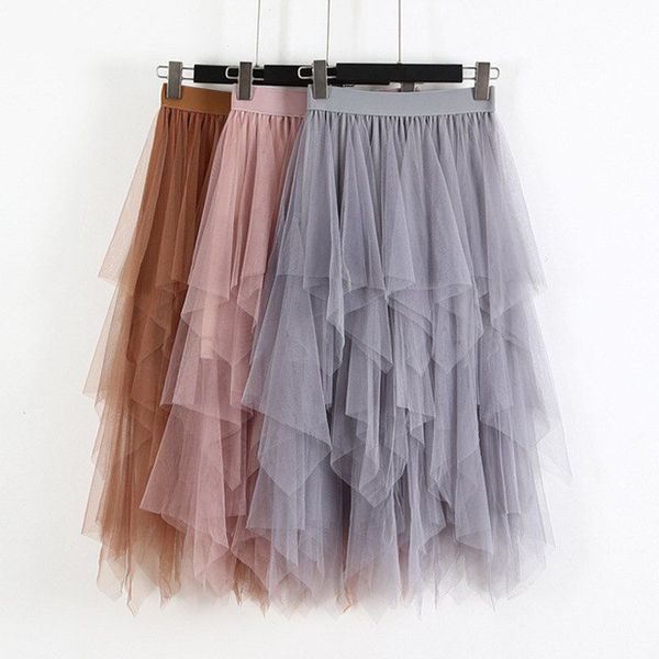 

fashion 2019 spring party skirt elastic high waist long tulle skirt women irregular hem mesh tutu ladies x, Black