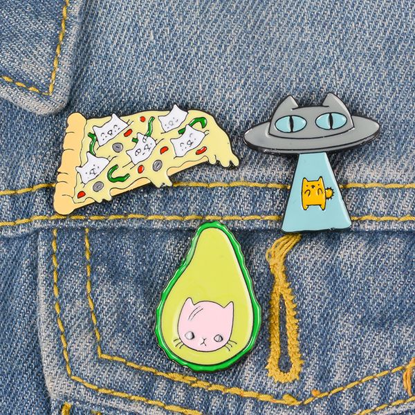 

cat enamel pin pizza ufo avocado denim lapel brooch combination of animal plant food spaceship badge very creative jewelry, Gray