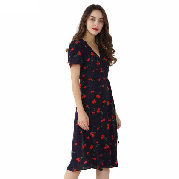 

womens dresses summer dress vintage v neck floral midi wrap dress cherry dress bow tie cross polyester design short sleeve vestido, Black;gray