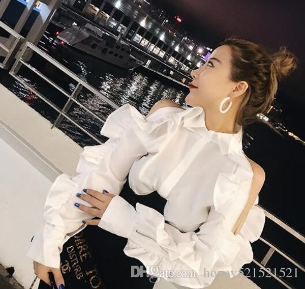 

2018 new design fashion women's turn down color solid color ruffles patchwork off shoulder zipper long sleeve blouse shirt