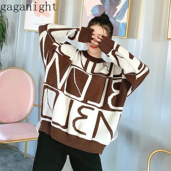 

gaganight new korean fashion women sweater contrast color geometric letter pullover chic jumper girls casual loose sweaters, White;black